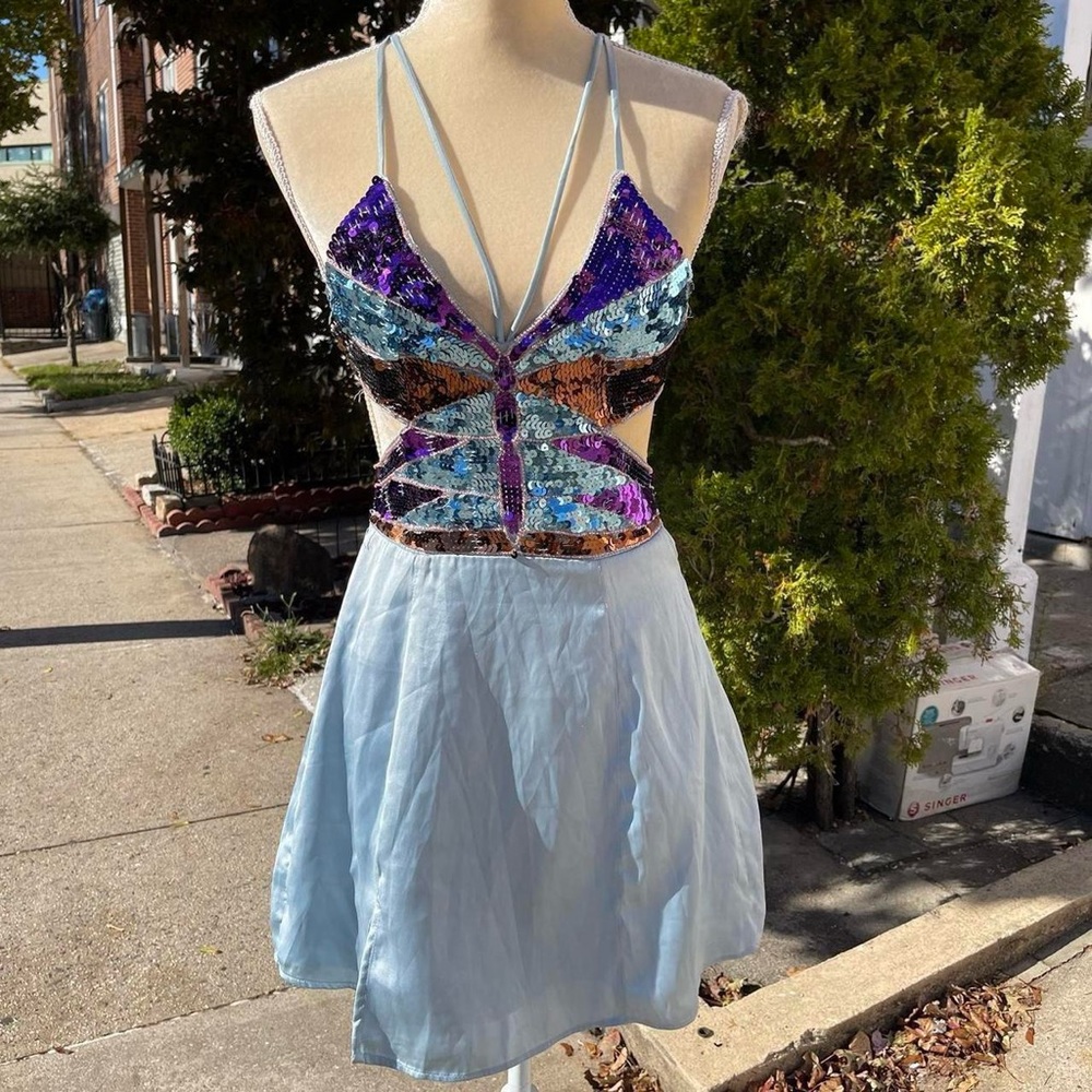 Urban Outfitters Dresses | New Urban Outfitters Butterfly Sequin Blue Mini Dress